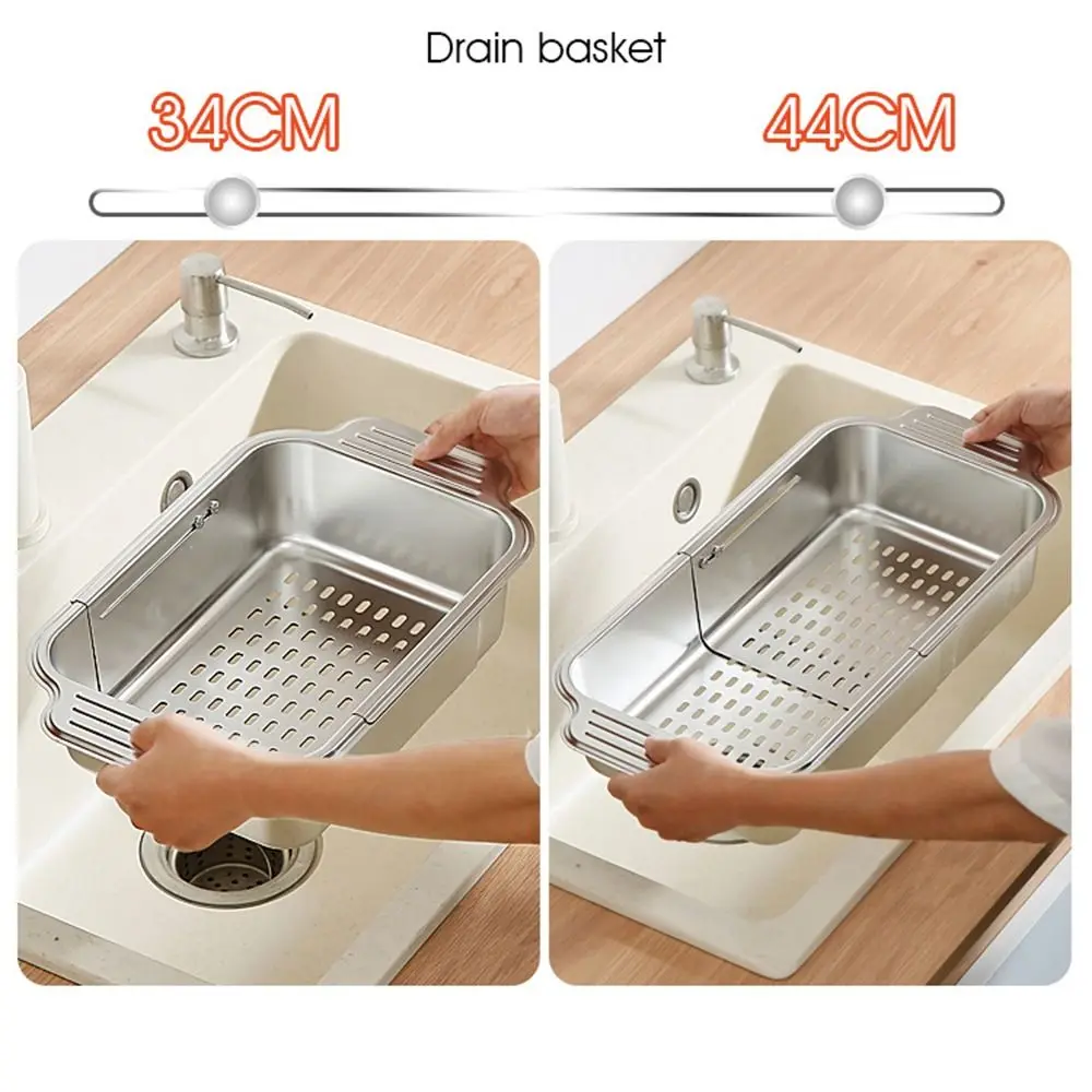 Retractable Vegetables Drain Basket 304 Stainless Steel Thickened Kitchen Sink Rack with Handle Multipurpose Dish Drying Shelf