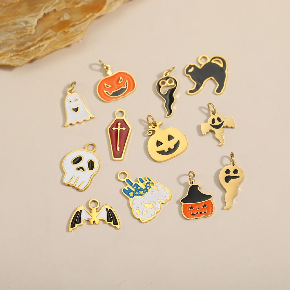 

CARLIDANA 2PCS Halloween Easter Charms Stainless Steel Enamel Ghost Broom Bat Pumpkin Pendant DIY Accessories for Jewelry Making