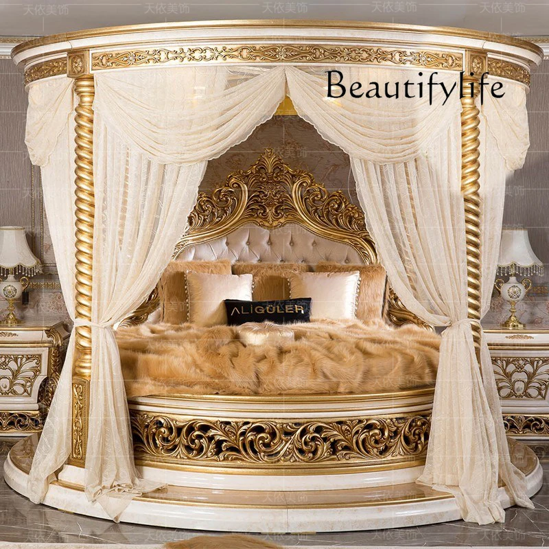 

European Luxury Round Bed Castle Wood Bedroom Wedding Double Bed Comfortable Adult High Quality Letto Matrimoniale Furniture
