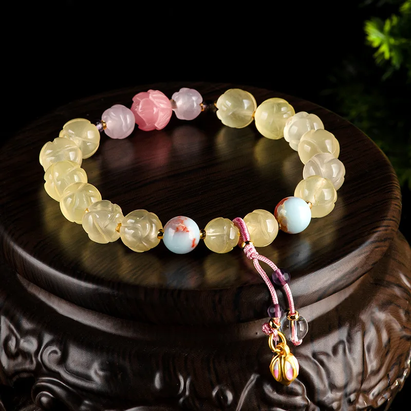 

Natural Xinjiang Golden Silk Jade Lotus Hand Chain Bracelet Gobi Jadeite Topaz Personalized Ancient Style Women's Gifts Jewelry