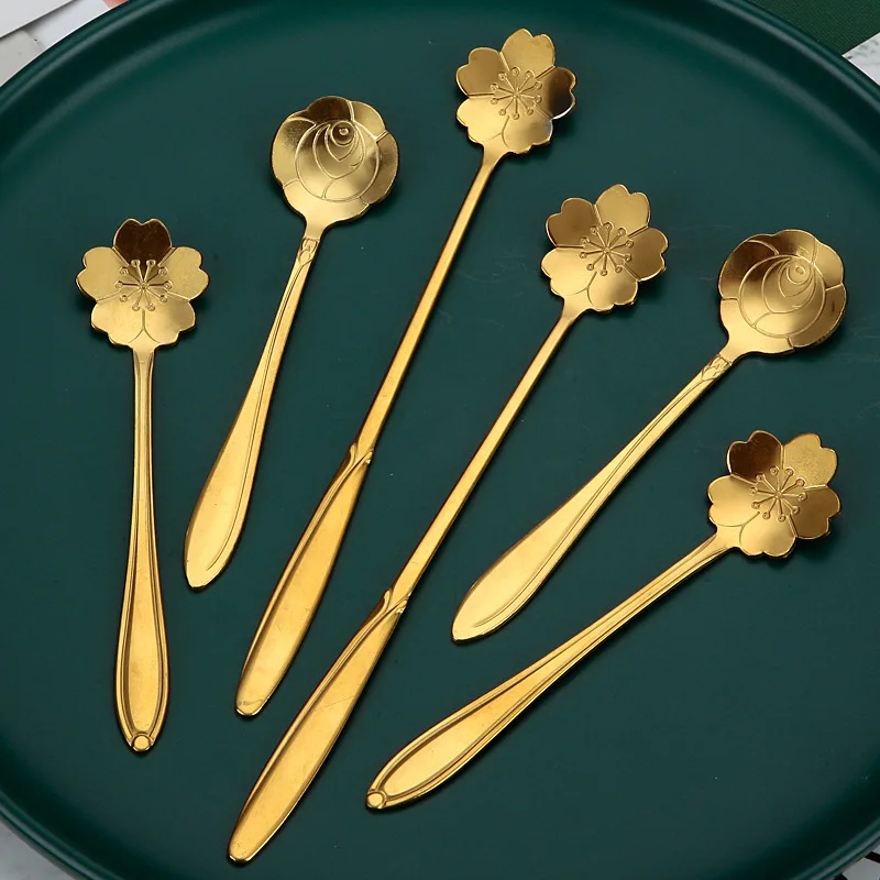 Stainless Steel Breakfast Spoon Sakura Petal Rice Scoop Creative Gold Coffee Stirrer Minimalist Flower Design Dessert Spoon