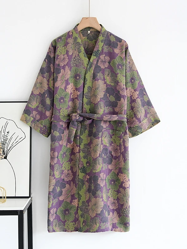 Summer Thin Chinese Style Pure Cotton Bathrobe Women's Mid-Length Sleepwear Floral Embroidery  Gauze Belted Kaftan