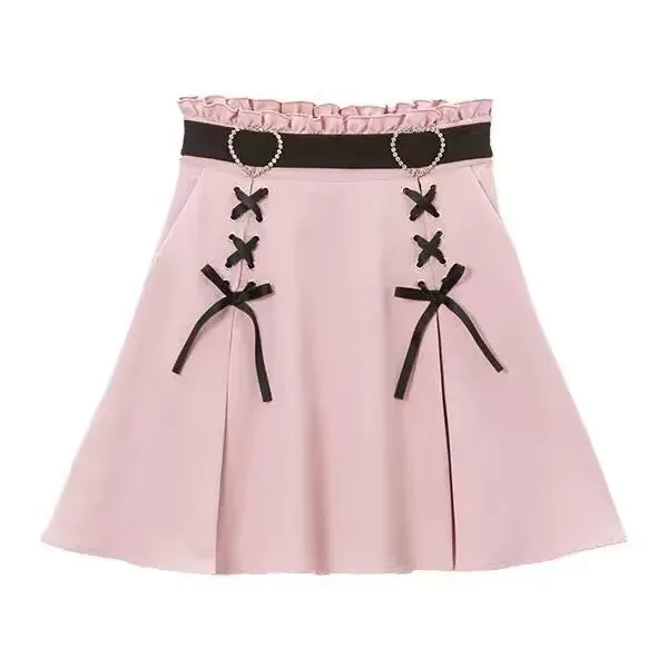 

Y2k Aesthetic Harajuku Style Sweet Lolita High Waist Bandage Mini Skirt Slim Women Solid Streetwear Gothic Jk Kawaii Pink Skirt