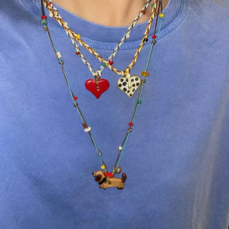 Europe and America Multi Colored Woven Rope Cartoon Cute Painted Sausage Dog Necklace UNISEX Fun and Cute Party Necklace