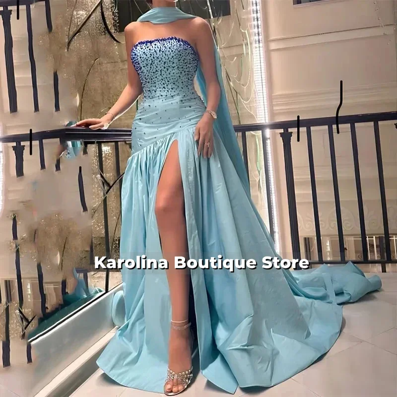 

Strapless Prom Dresses A-Line Plus size Formal Dress Sleeveless Evening Gown Beading Open Leg Party Gowns customized