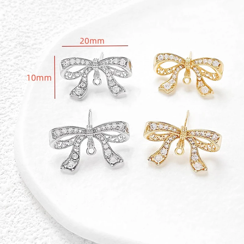 1 Pair Copper Plated with Genuine Gold Inlaid Zircon Bow Tie Earrings DIY Produces Fashionable Jewelry and Earring Accessories