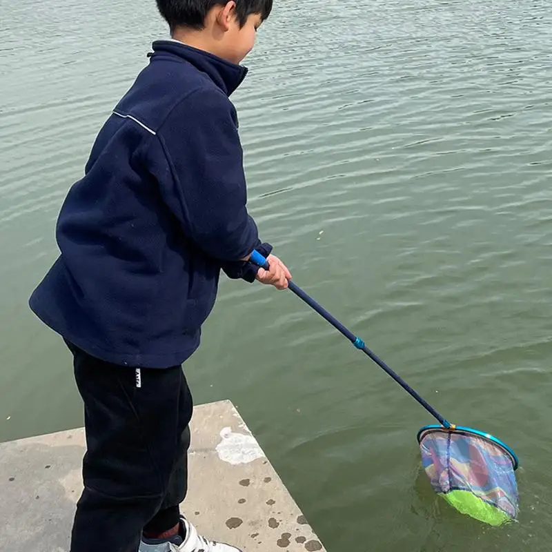 Rede de pesca infantil, rede de pouso com poste telescópico, rede de malha de pesca, equipamento de pesca, rede de isca divertida, brinquedo de pesca para crianças, brinquedo de praia