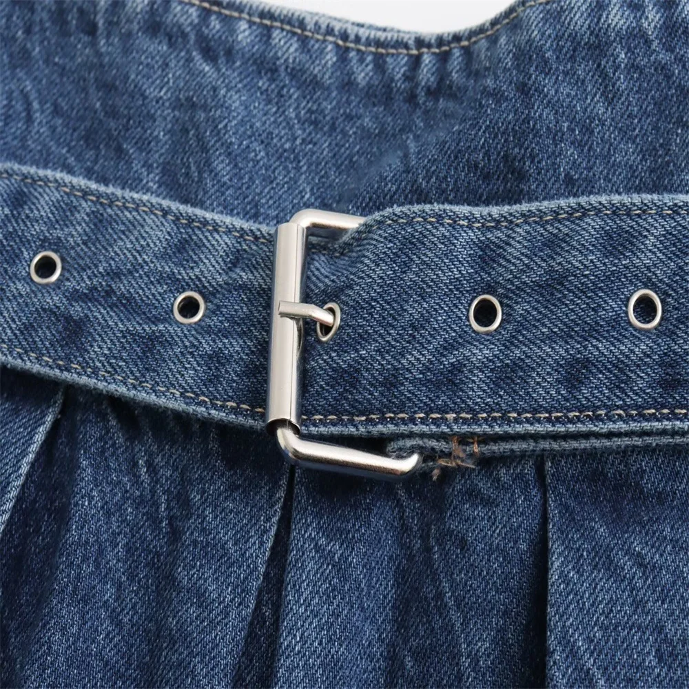 Kar&Otza 2024 Summer New Women\'s Fashion Style Wide pleats Versatile Casual Metal Buckle Belt Decoration Denim Skirt Half Skirt