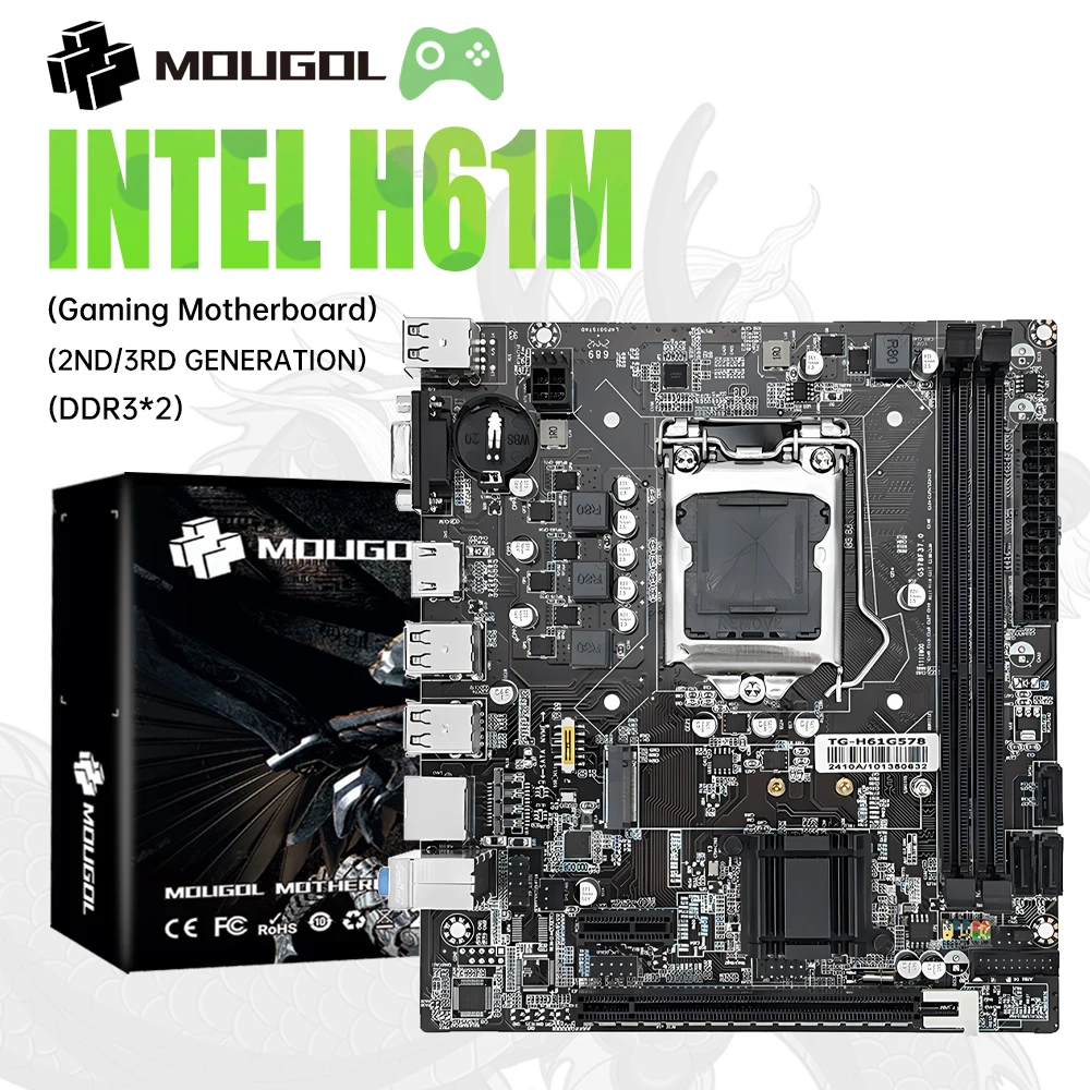 MOUGOL H61M M-ATX Motherboard M.2 NVME PCIEx16 HD/DVI Supports Dual-channel DDR3 RAM Intel Core 2/3 Gen CPU LGA1155 3*SATA 6*USB