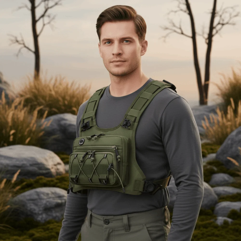 Reflective Bungee Wilderness Chest Rig Earphone Cross Port Breathable Mesh Back Running Vest Pack Multi Zipper Pockets