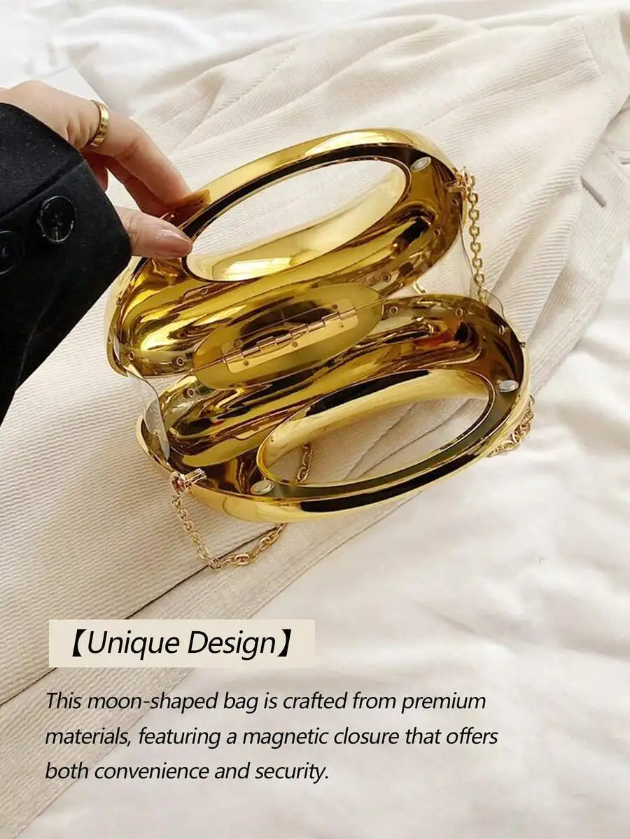 

Moon Shaped Acrylic Metallic Evening Clutch With Magnetic Closure Women Party Handbag