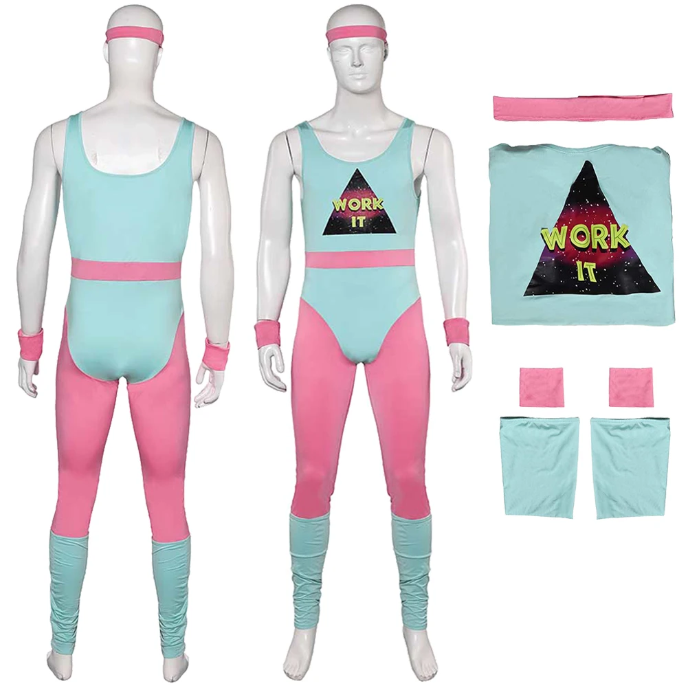 Men Halloween Retro Cosplay 80s Exercise Costumes Cosplay Fantasia Fitness Costume Printed Jumpsuit Halloween Carnival Suit