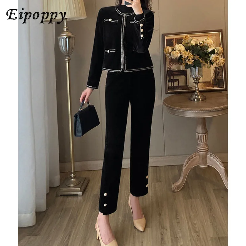 a Complete Set of Spring and Autumn Socialite Light Luxury Classic Style Gold Velvet Suit Women