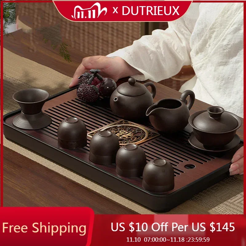 

Drainage Walnut Tea Tray Chinese Ceremony Vintage Rectangle Coffeeware Luxury Tea Tray Tableware Dessert Plateau Home Products