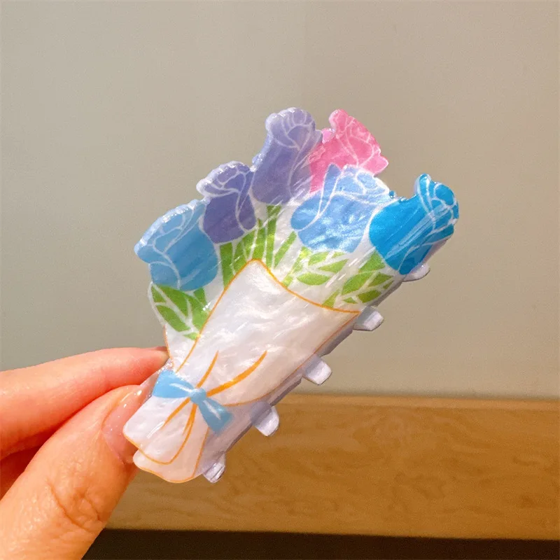 

Sweet Flower Double Printed Shark Hair Clip Claw For Women Girls Fashion Geometric Fixed Ponytail Hair Accessories Tool Gifts