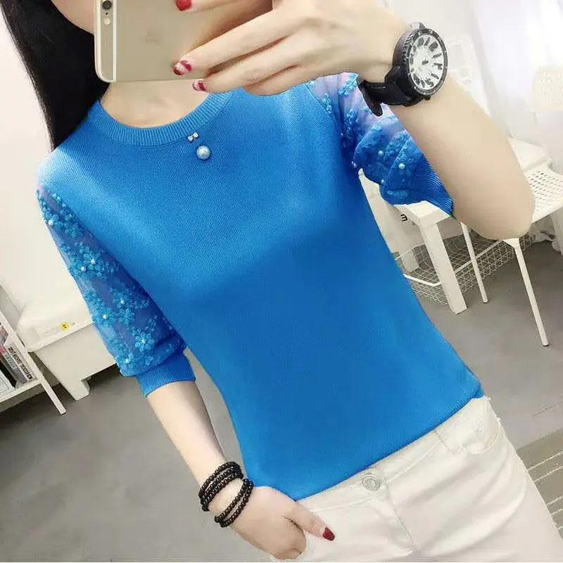 Elegant Solid Color Spliced Gauze Lace Beading Blouse Women's Clothing 2023 Spring New Oversized Korean Pullovers Commute Shirt