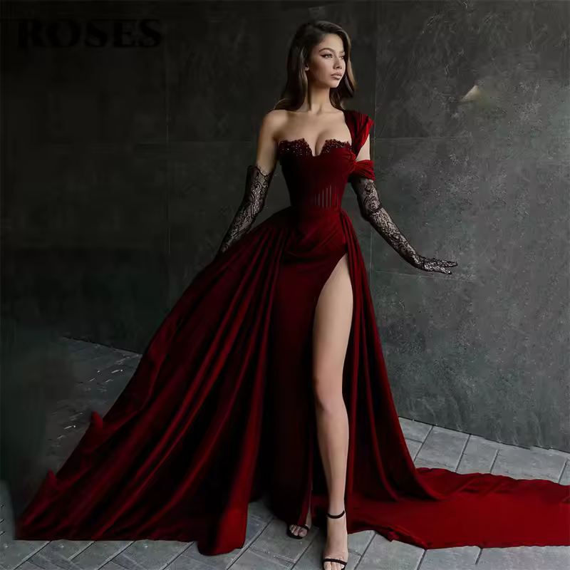 ROSES Red Side High Split Mermaid Evening Dresses One Shoulder Prom Dresses Sweetheart Stain Formal Occasion Dress Customized - Image 3
