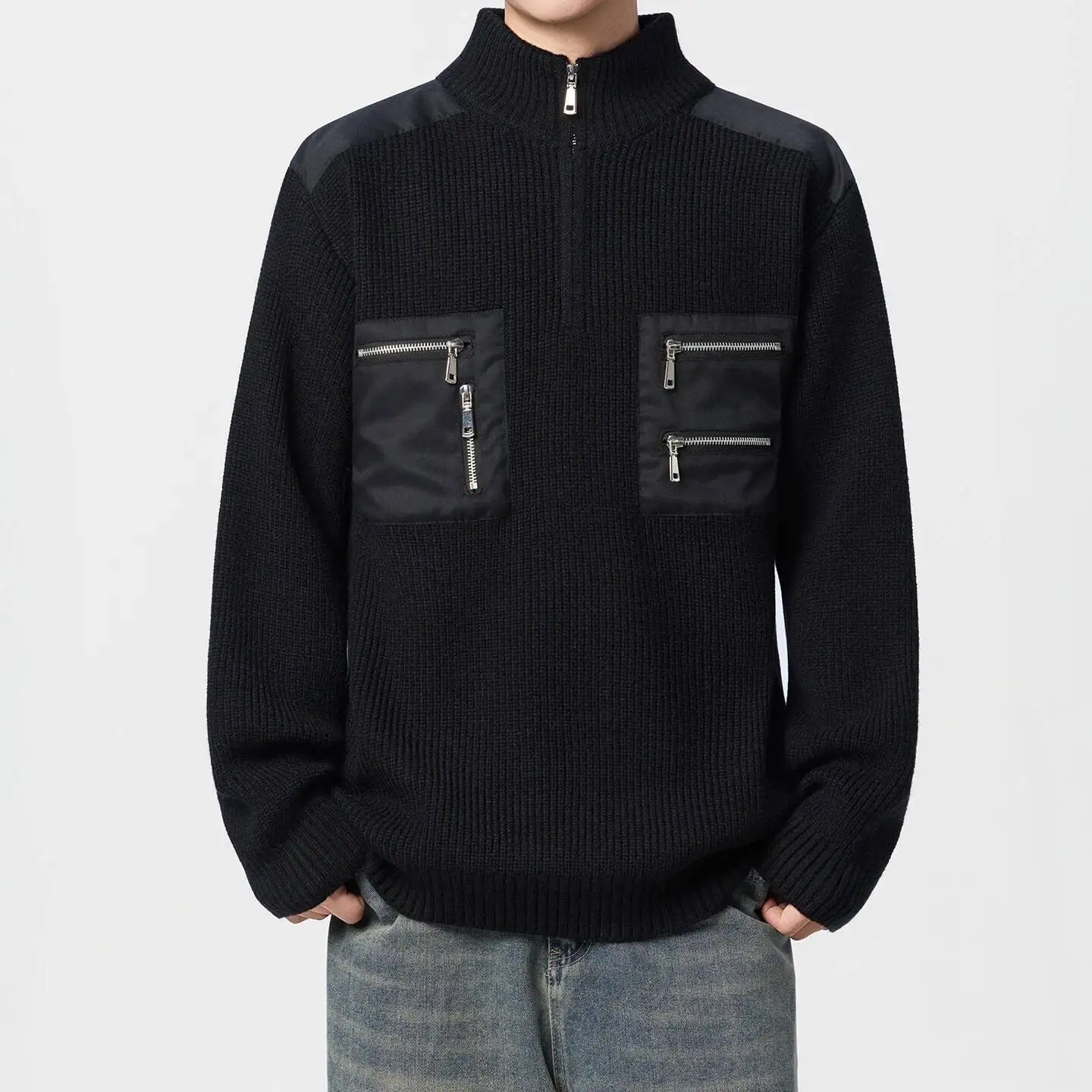 

Осень-зима 2025 года, модный тренд, свитер с воротником-стойкой, мужской свитер с длинным рукавом, теплые лоскутные вязаные пуловеры на молнии, мужская повседневная уличная одежда