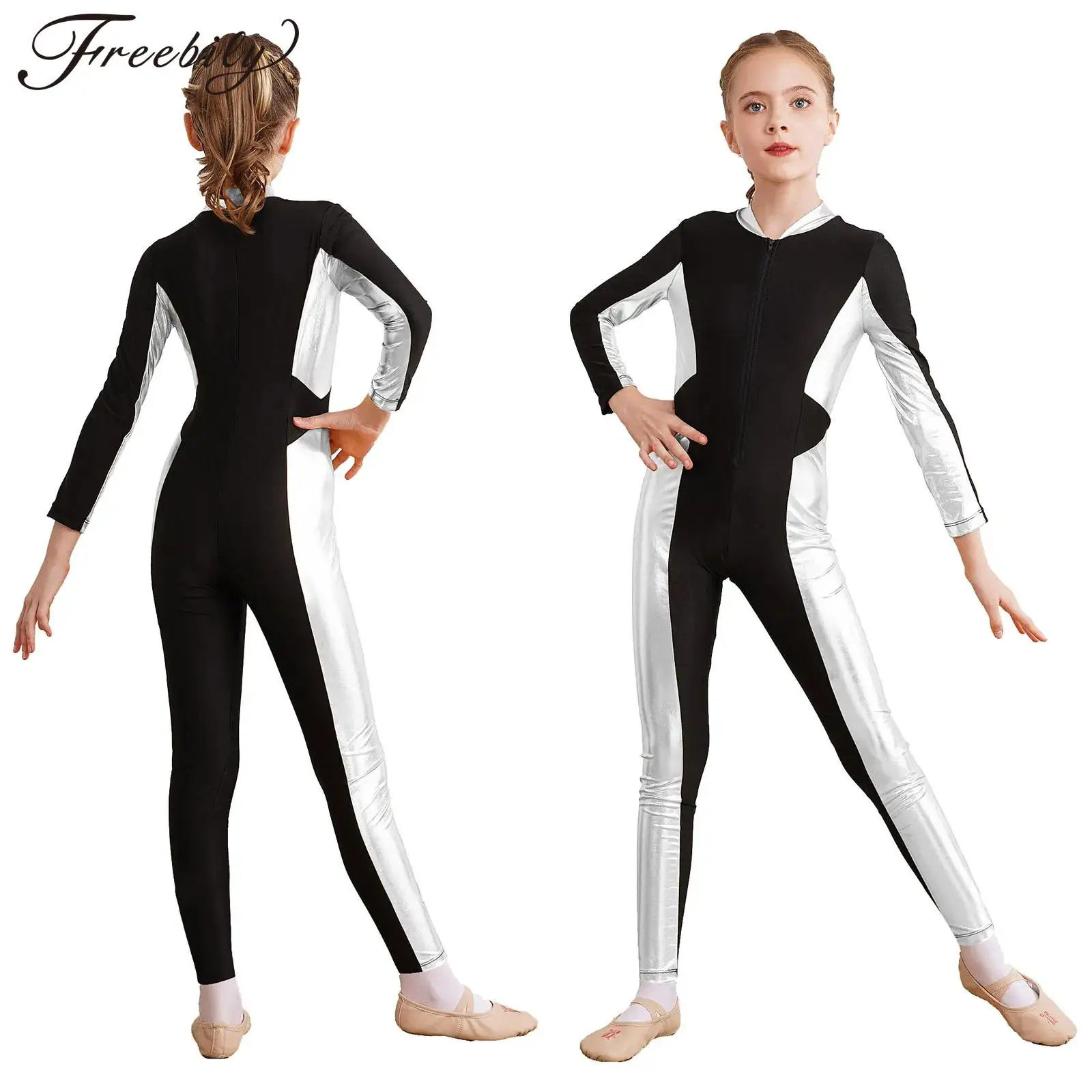 Kids Girls Ballet Dance Leotard Figure Skating Acrobatics Gymnastics Yoga Performance Bodysuit Long Sleeve Color Block Jumpsuit