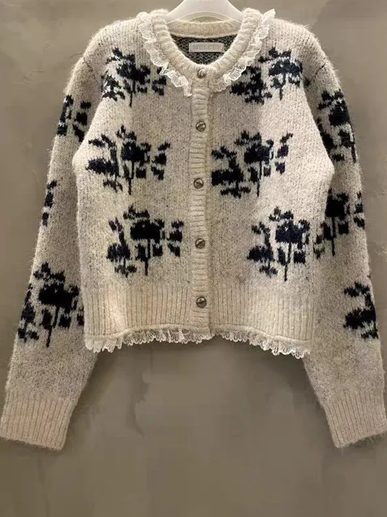 

Шикарный винтажный вязаный кружевной свитер, женский осенне-зимний новый мягкий элегантный нежный корейский кардиган обычного кроя