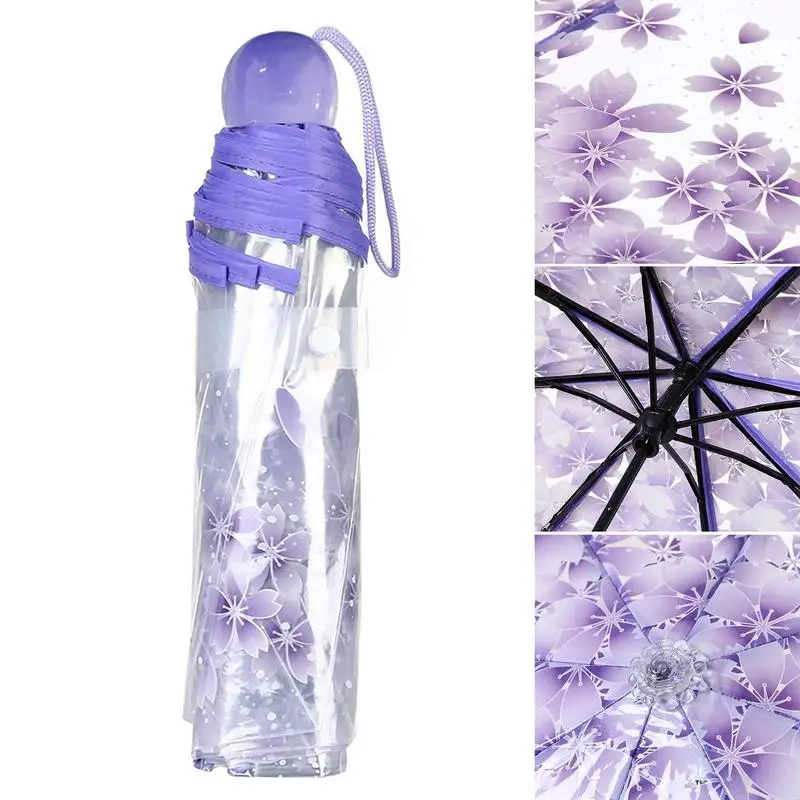 Transparent Cherry Blossom Sakura Folding Umbrella Clear Umbrella For Girls Frosted Texture Waterproof Rain Umbrellas For Adults