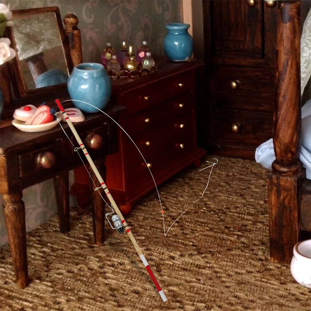 4pcs Miniature Fishing Pole Set Wood Mini Fishing Accessories For Dollhouse Ornaments Enthusiasts Pretend Play Decor