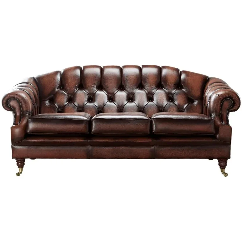 Retro brown sofa, PU leather sofa with crimped armrests, suitable for hotel lobby bar lounge commercial seating