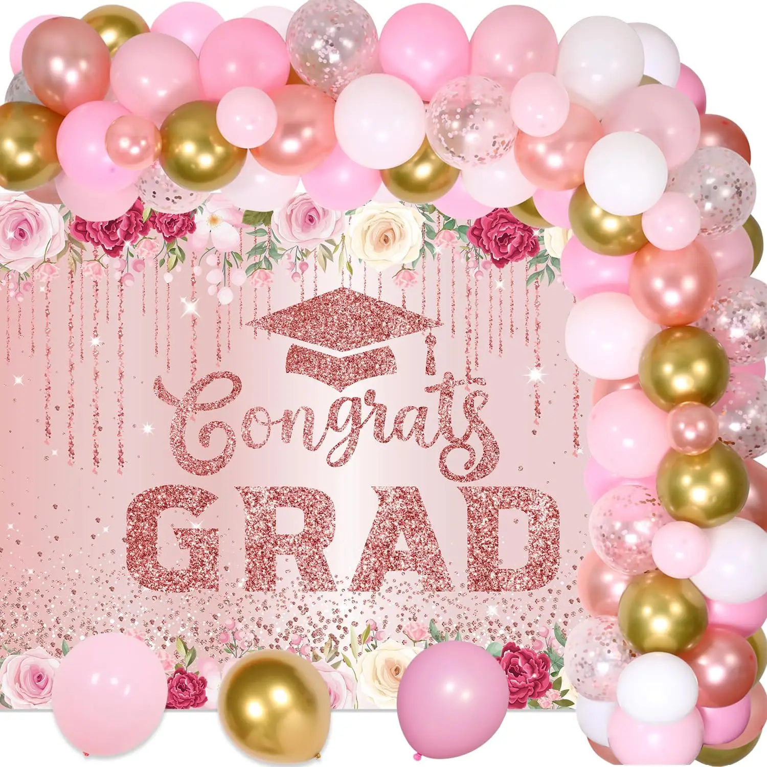 

69Pcs Rose Gold Graduation Decorations 2024,Floral Graduation PartyHigh School College Grad Party Decor with Grad for Grad Prom