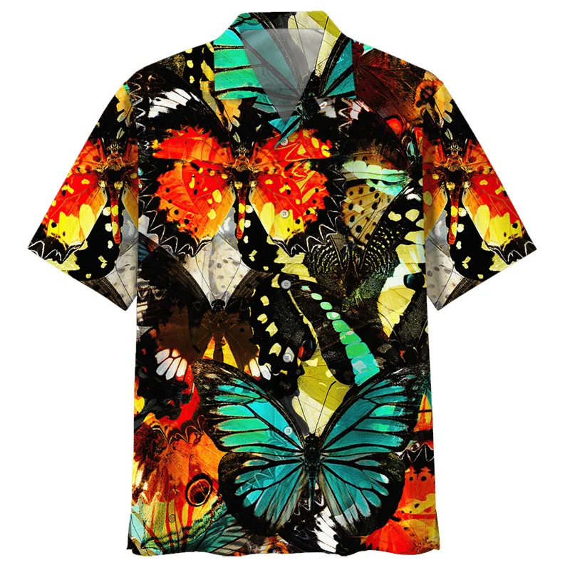 Camisa havaiana com padrão colorido de borboleta masculina e feminina, blusa estampada 3D inseto, verão, camisas Aloha soltas, top de manga curta de r