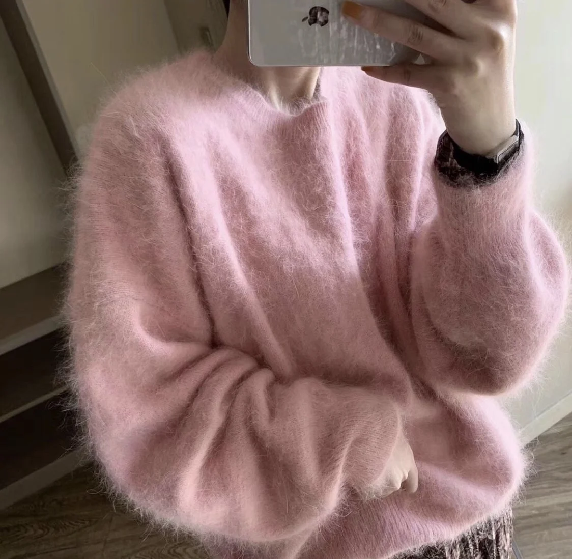 Oversiz Fashion Autumn Winter Pink Mohair Knitted Sweater For Women O Neck Long Sleeve Mink Cashmere Thick Soft Loose Pullovers