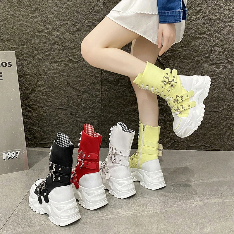 Platform Boots for Women Fad Designer Belt Buckle Canvas Women's Boots Round Toe Lace-up Motorcycle Long Thigh Boots Botas Mujer