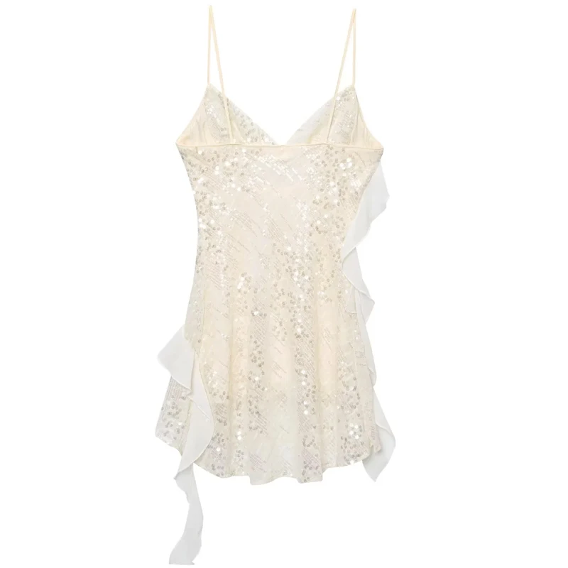 Shinny vestido de lantejoulas mulher verão 2025 novo sexy sem mangas sem costas em camadas plissado com decote em v mini vestidos clube festa vestidos de noite