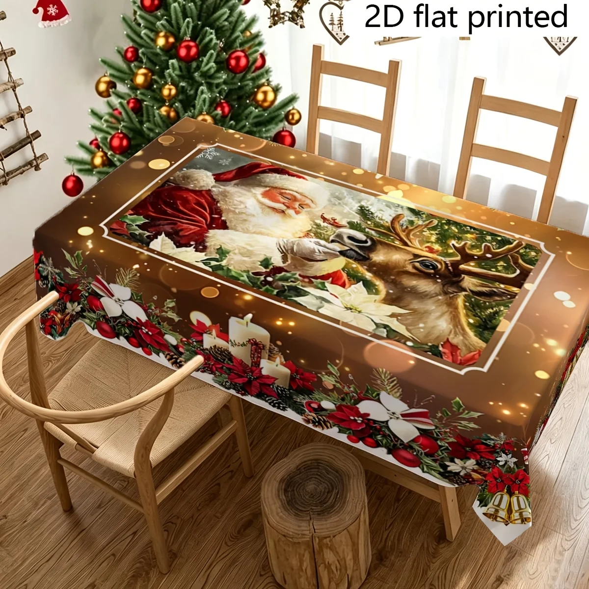 Christmas pattern printed tablecloth, vintage Christmas tablecloth, Santa Claus and reindeer design