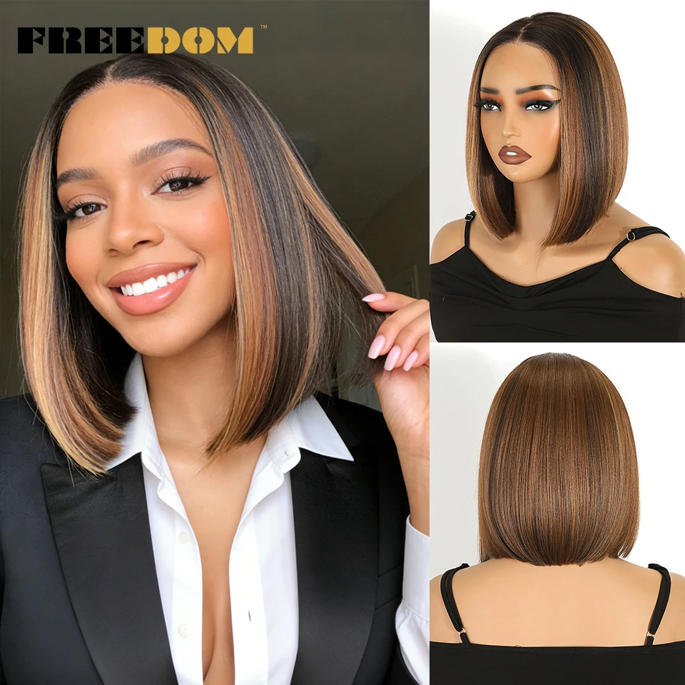 FREEDOM 10" Kurze Bob-Perücke, synthetische Perücken mit Spitze vorne für Damen, 13x3, vorgezupfte Haaransätze, Perücke mit freiem Haaransatz, Ombré-Braun-Blond, Cosplay-Perücke. – Detail 8