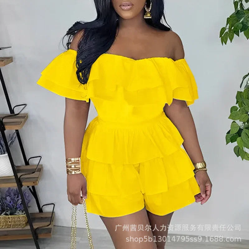 Womens Rompers 2023 New Yellow One Piece Shoulder Lotus Leaf Edge Waist Shorts Women Jumpsuit