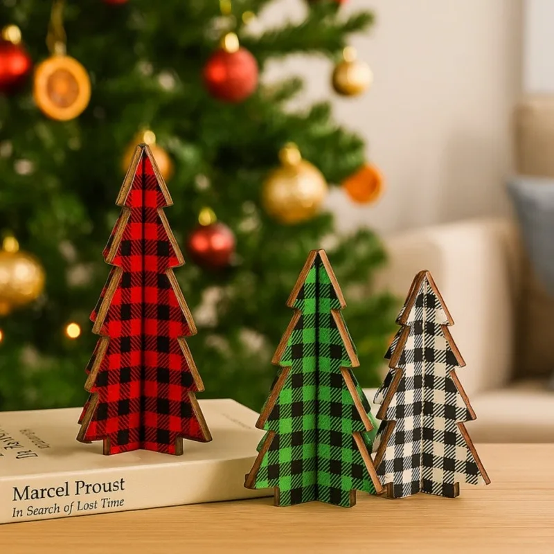 3 piezas de decoración navideña, árboles de mesa de madera a cuadros, 5,5 pulgadas de altura, juego de decoraciones 3D para el hogar, adornos festivos