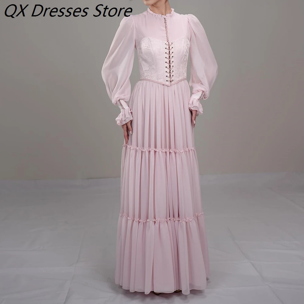 

Women's A-line Evening Dresses Ankle-length High-neck Full Sleeve Prom Dresses Fashion Lace Lace-up Beading Customized Gowns