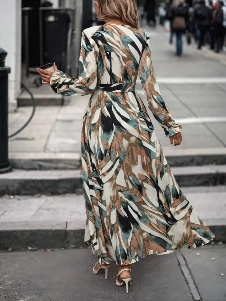 Spring Autumn Holiday Commuter Women's Dress Fashionable Printed Round Neck Long Sleeves Slim Waist Ruffled A-shaped Long Skirt