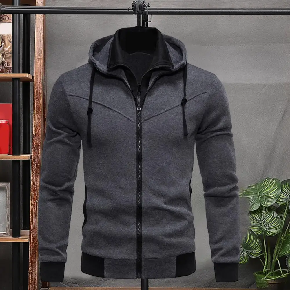 

Autumn Winter Men Jacket Contrast Color Stand Collar Hooded Sweatshirt Coat Slim Fit Drawstring Long Sleeve Cardigan Outwear