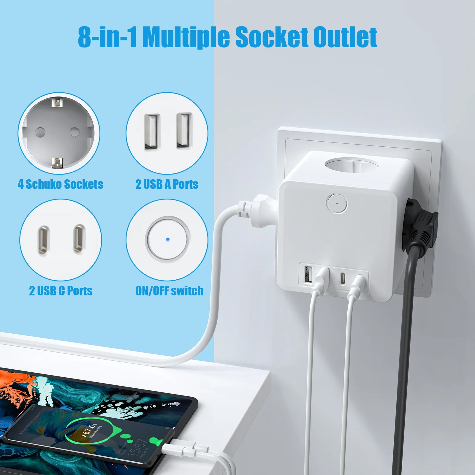 USB Socket EU Power Strip Cube 4 AC Outlets 2 USB 2 Type-C Multiple Socket with Switch EU Wall Plug Adapter For Home Travel