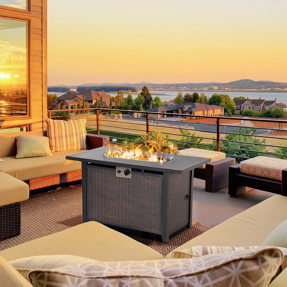 

43 Inch Propane Fire Pit Table 50,000 BTU Gas Firepit w/ Wind Guard, Blue Glass