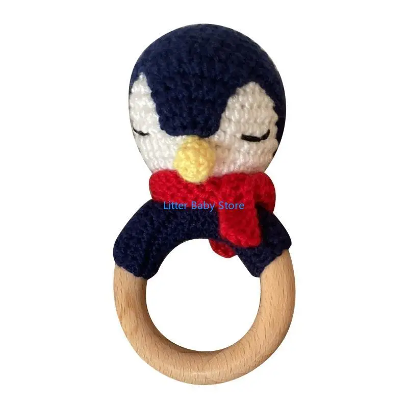 

N80C Crochet Animal Rattle Baby Wooden Teether Ring Infant Teething Nursing Soother Molar for Newborn Shower Gifts