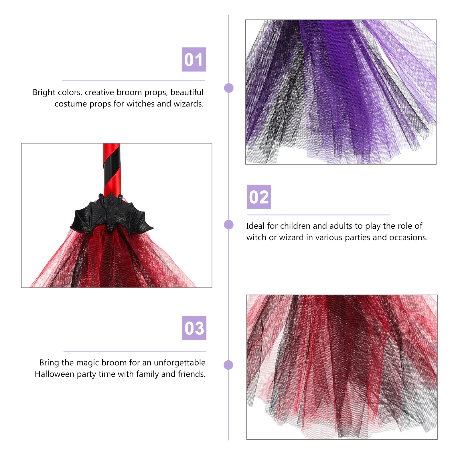 

2pcs Bat Mesh Witch Broom Vintage Halloween Decorations Miniature Prop Gauze Flying Broomstick Cosplay Safe Plastic