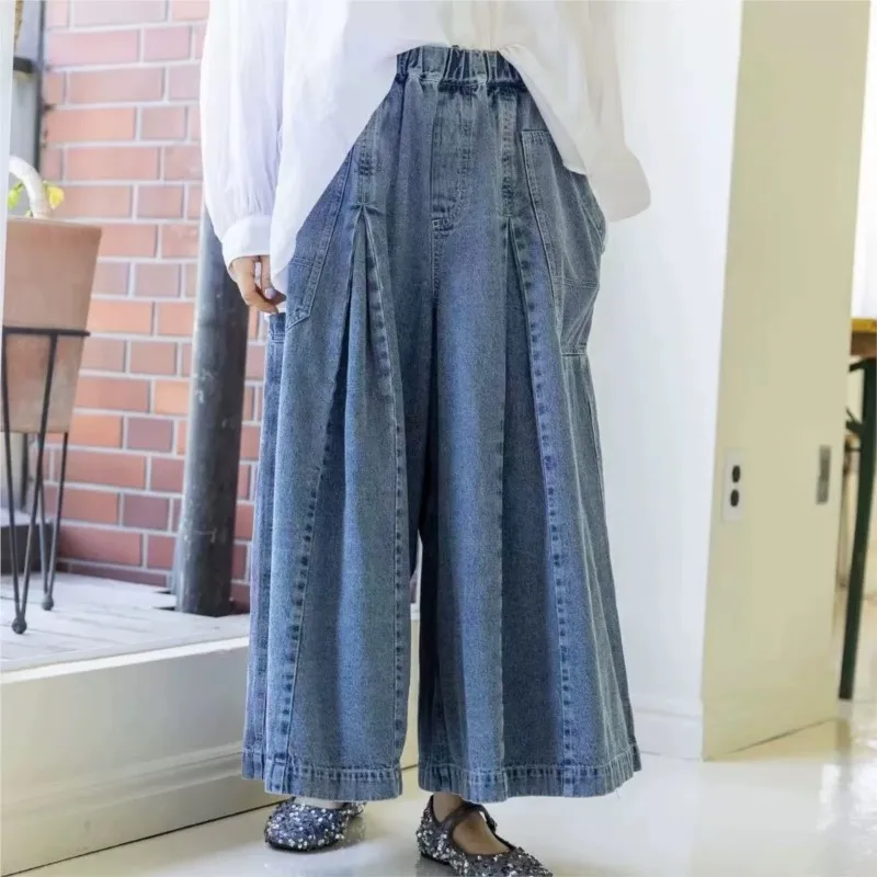 Johnature Japanese Washed Denim Large Pockets Thick Wide-leg Pants 2024 Autumn Winter New Elastic Waist Loose Women Pants