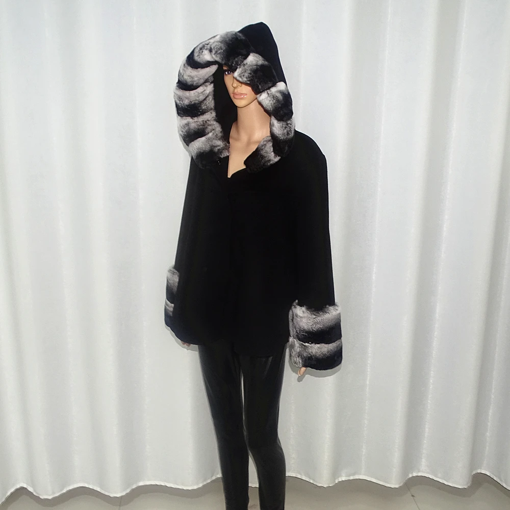 Double faced wool Short coat women wool hood coat real fur 100% wool handmade Real wool coat girl real fur