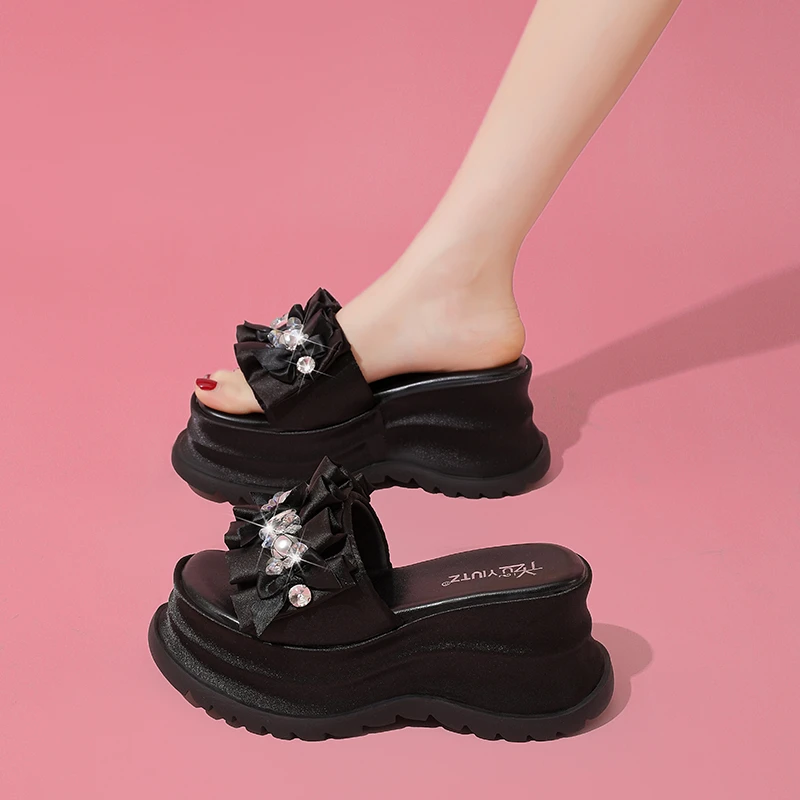 Fairy Tale Style Thick Heel Rhinestone Slippers Women's Summer Outdoor Fashion New 2026 Heightening 9cm Match Skirt Platform ...