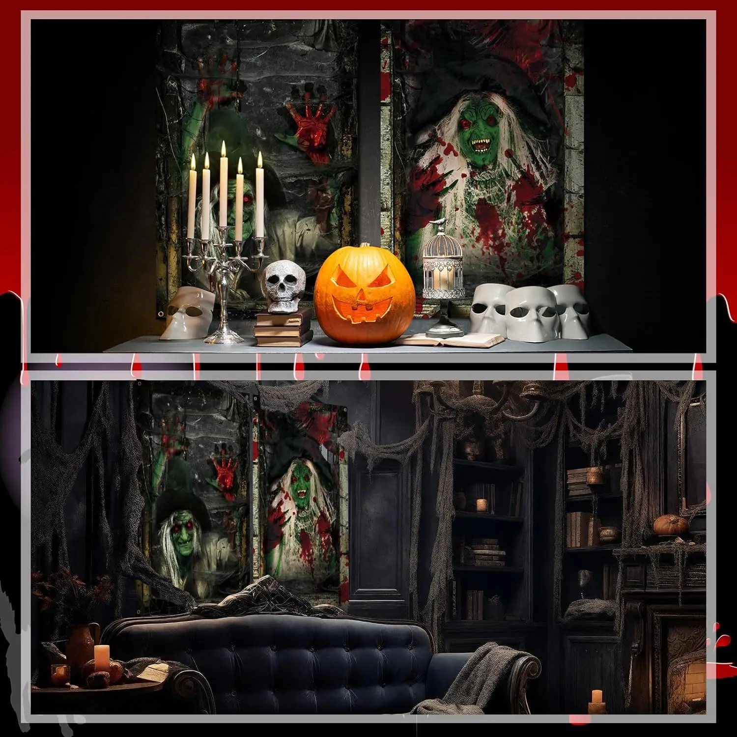 2 pz spaventoso Halloween tenda Halloween finestra Silhouette decorazione sangue Halloween Horror Halloween finestra Poster fo (strega)