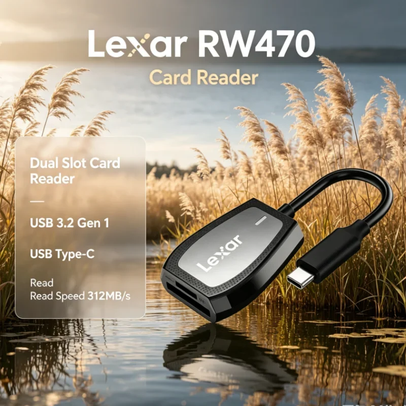 Lexar RW470 Card Reader Dual Slot 2-in-1 SD microSD UHS-II Type-C USB 3.2 Gen1 312MB/s Transfer for Card Data Transfer