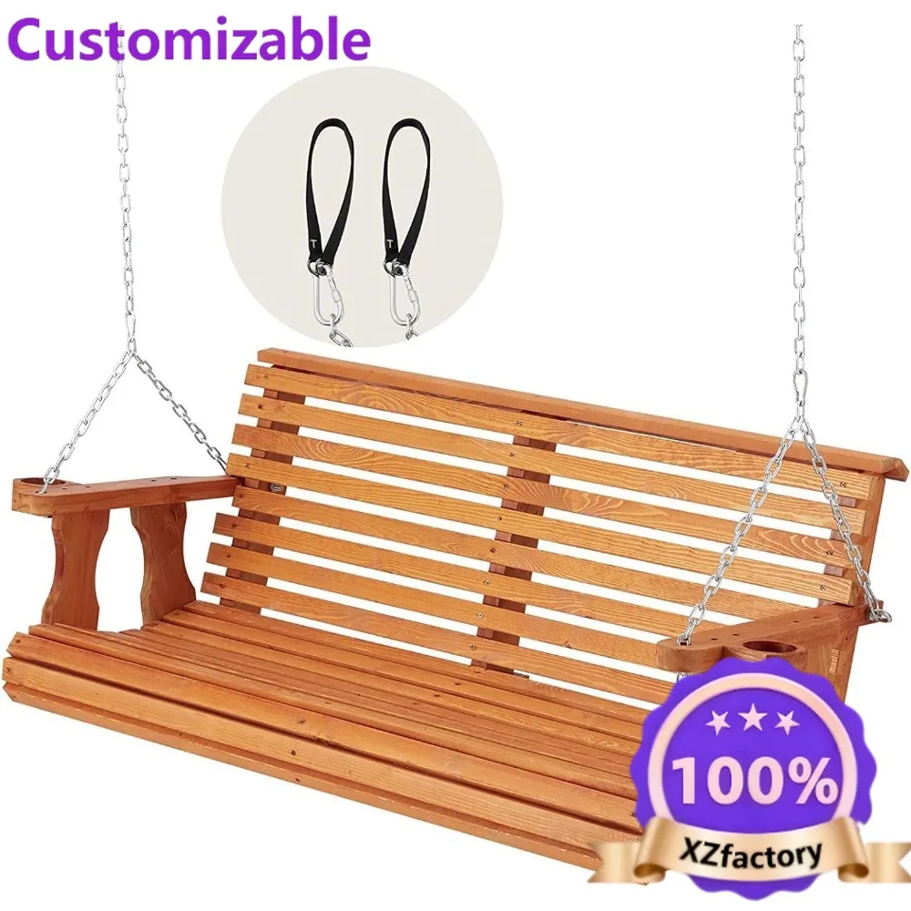 Factory Direct 2026 Wood Porch Swing 5.5FT 880Lbs Heavy Duty Outdoor Chair with Cup Holders & Chains for Garden Yard Balcony
