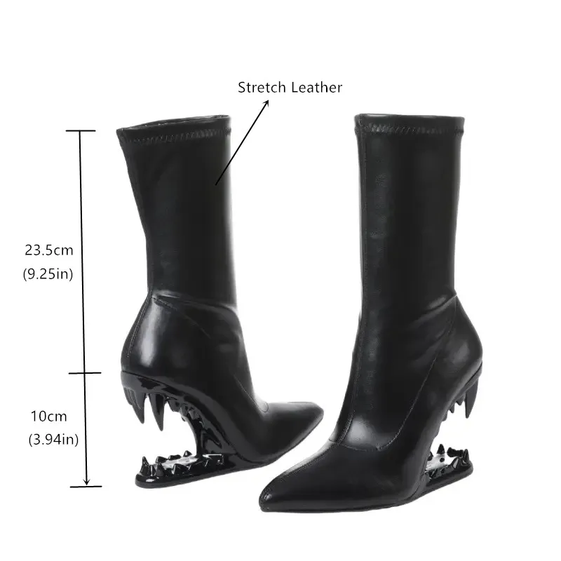 Women's New Black Pointed Toe Ankle Boots Gold Tooth Heel Slip On Stretchy Patent Leather High Heel Slim Fit Boots